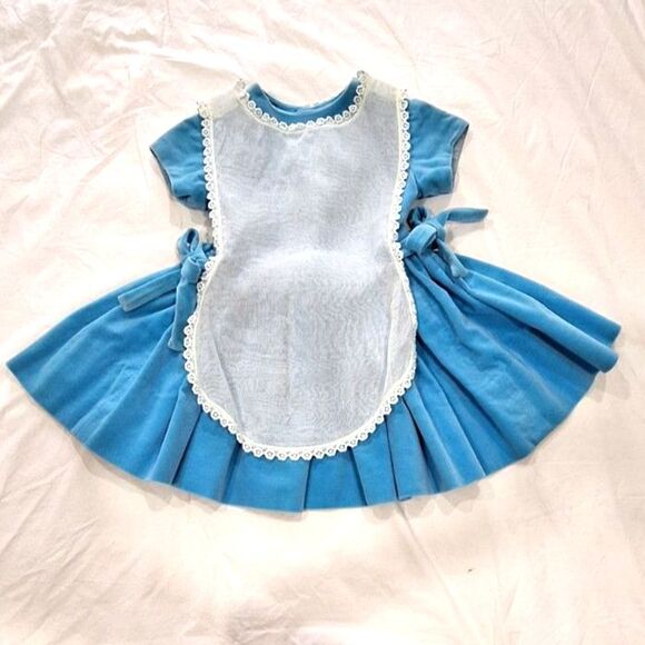 Toddler Dress Homemade Vintage Blue Velvet with White Pinafore - Picture 1 of 12